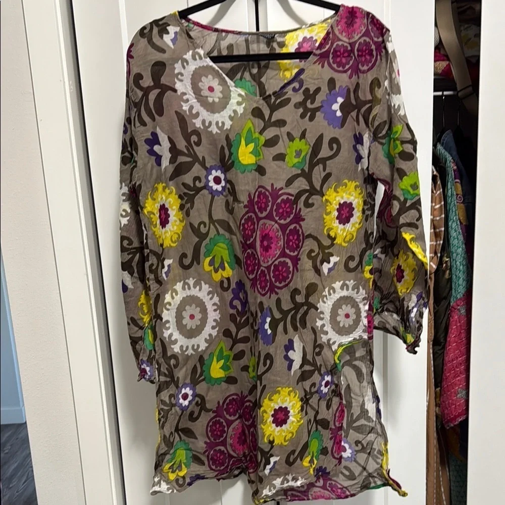 Floral V-Neck Women's Top Cotton tunic sz s/m